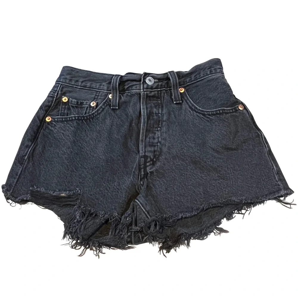 Levis 501 Original High Rise Black Distressed Denim Shorts Washed Womens 26 - Picture 1 of 10